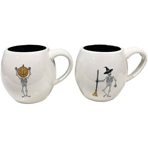 RAE DUNN Halloween Mugs Set of 2 Candy Corn Broom Witch Skeleton Pumpkin Head - Picture 9 of 9